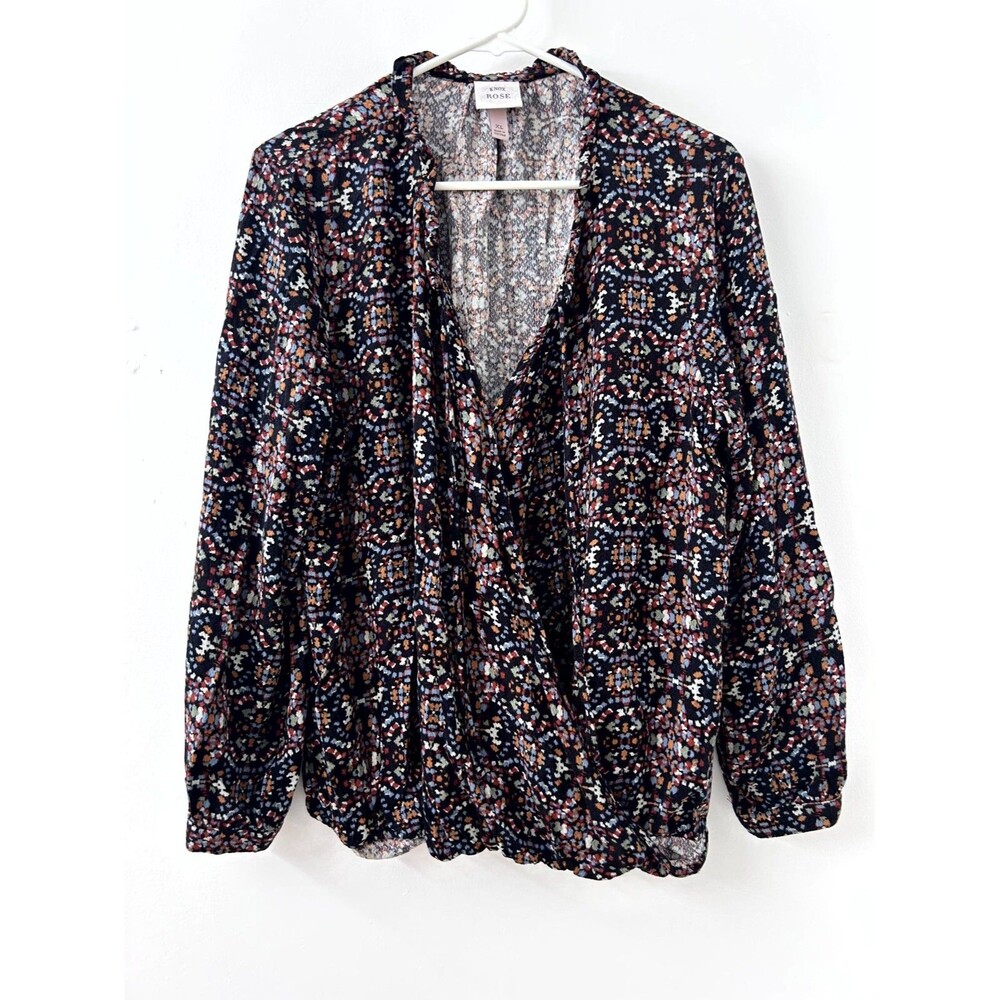 Knox Rose Women's Black Multicolor Printed Long Sleeve Wrap Top Casual Size‎ XL